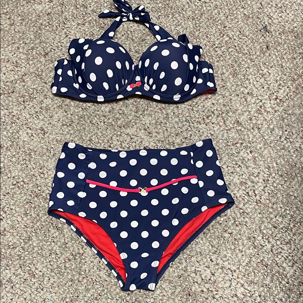 Apollo swim retro Navy Polka Dot high waisted Bikini with push up bra top Set